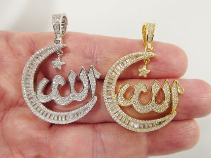 Real 925 Sterling Silver Large Muslim Allah Pendent Baguette Stone Charm