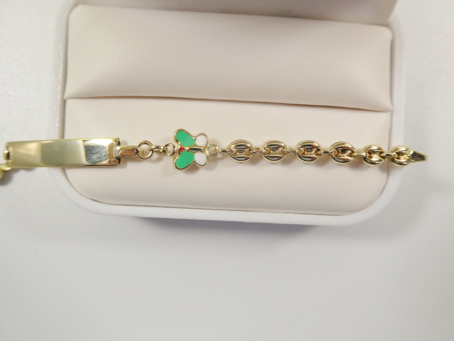 14k Yellow Gold Baby ID Bracelet: Enamel Butterfly Mariner Chain