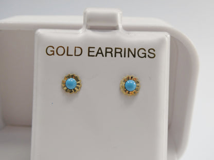 Real 10k Solid Yellow Gold Small Round Turquoise Push Post Stud Earrings