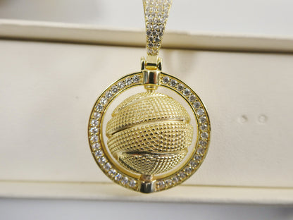 Real 925 Sterling Silver Basket Ball Charm Pendent 14k Yellow Gold Finish