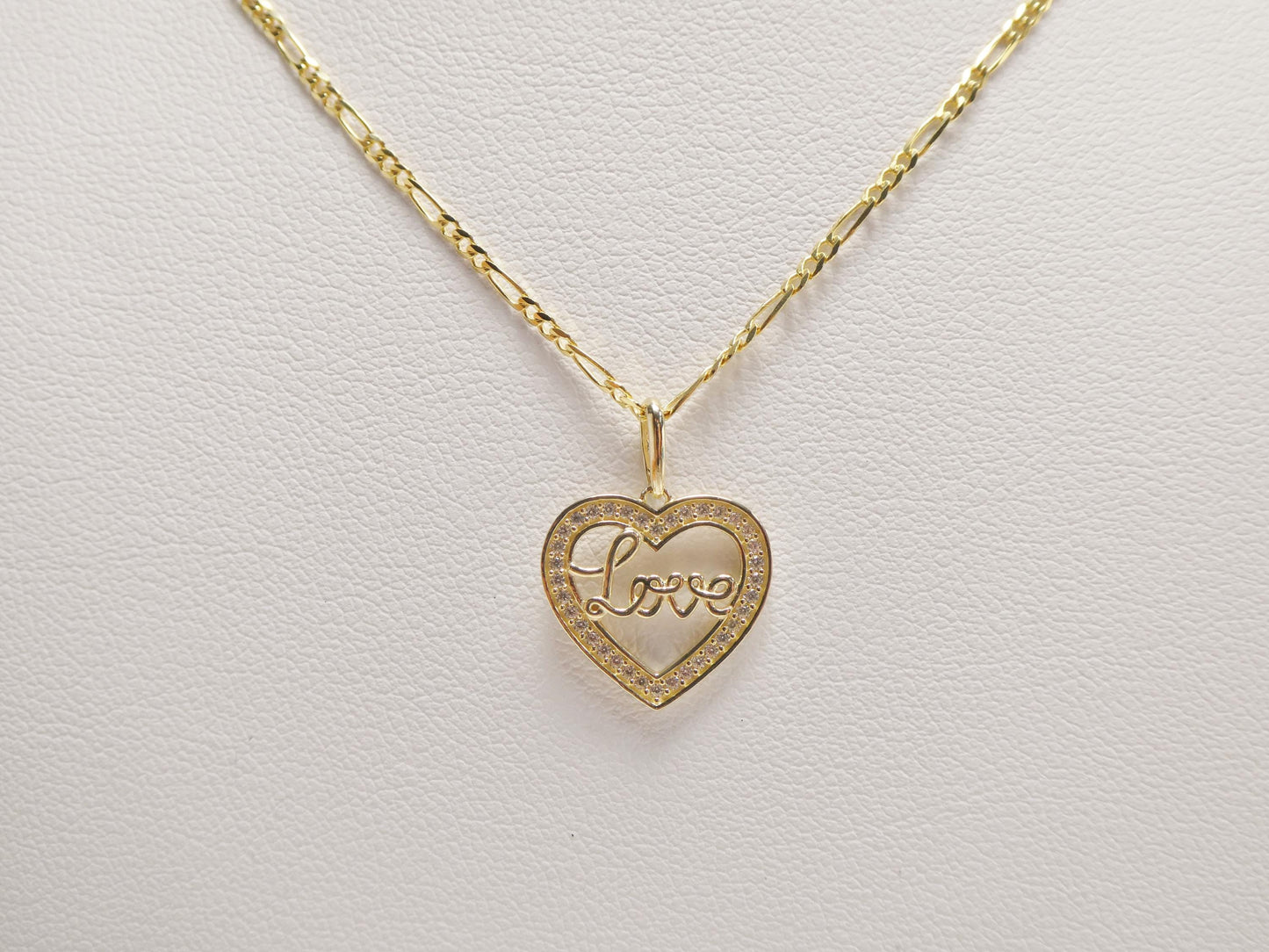 10k real solid yellow gold 18 inch solid figaro chain and love heart pendent