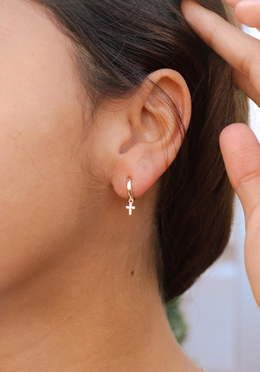 real 10k solid yellow gold cross dropping hoop huggie earring