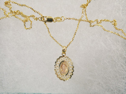 10k Real Solid Yellow Gold Guadalupe Pendent and 18 Inch Cable Necklace