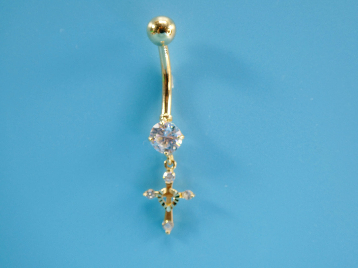 14k real solid yellow gold dangling cross belly button ring piercing