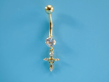 14k Real Solid Yellow Gold Dangling Cross Belly Button Ring Piercing