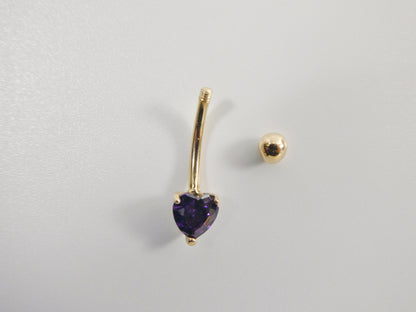 14k Real Solid Yellow Gold 6mm Heart Amethyst Stone Belly Button Ring Piercing