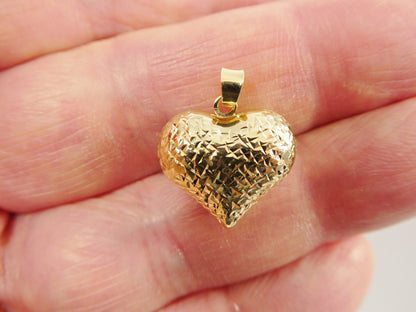14k Real Solid Yellow Gold Full Diamond Cut Heart Charm Pendent
