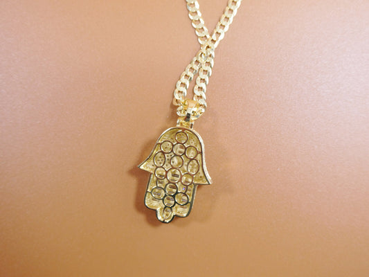 14k Yellow Gold Color Tone Chain and Hamsa Evil Eye Charm Pendent Over Real 925 Sterling Silver