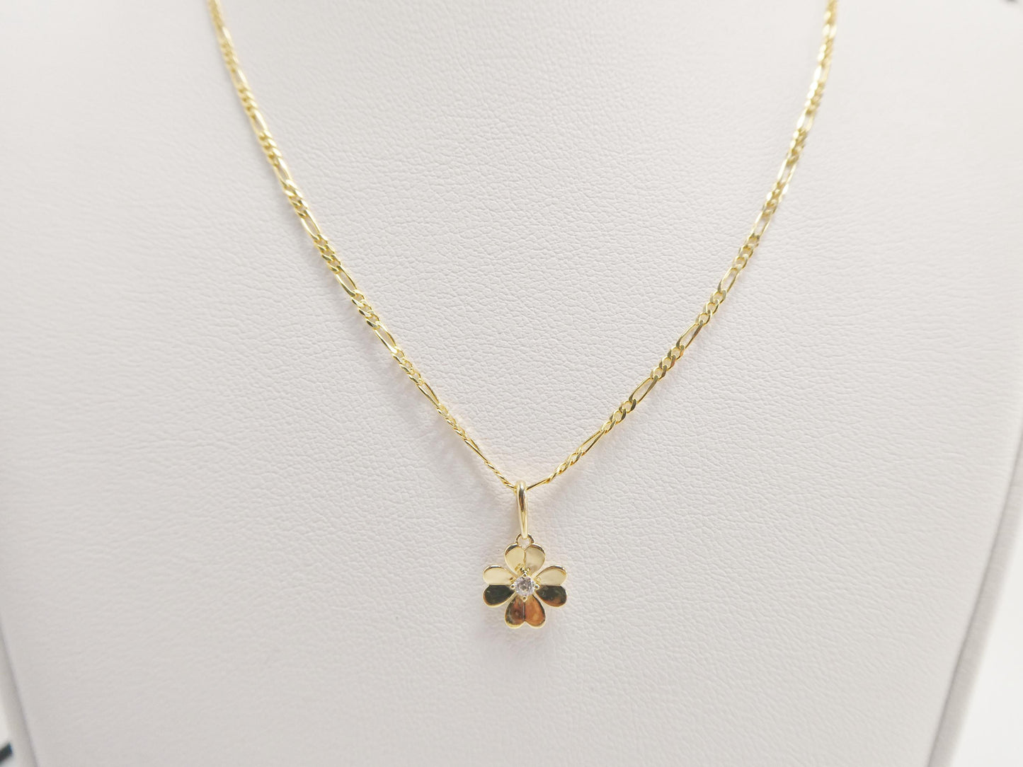 10k Yellow Gold Figaro Chain Necklace with Flower Pendant