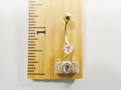 14k Real Solid Yellow Gold Camera Dangling Belly Button Ring Piercing