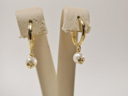 Real 10k Solid Yellow Gold Cultured Freshwater Pearl Hoop Huggie Earrings