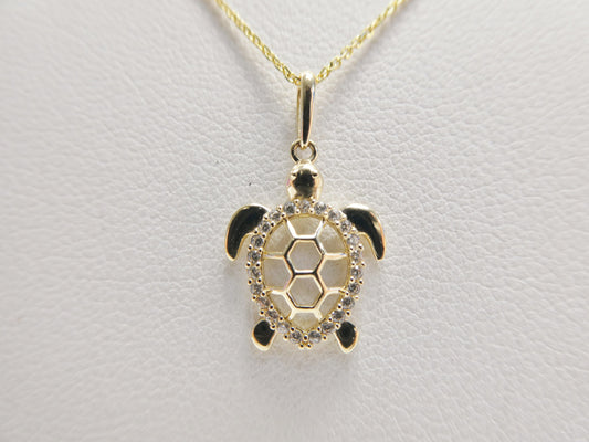 14k real solid yellow gold turtle pendent and cable necklace