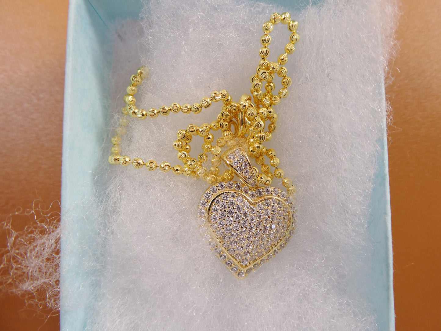 14k yellow color tone moon cut chain and heart over real 925 sterling silver
