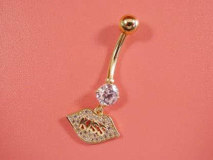 14k Real Solid Yellow Gold Dangling Logo Kiss Lips Belly Button Ring Piercing