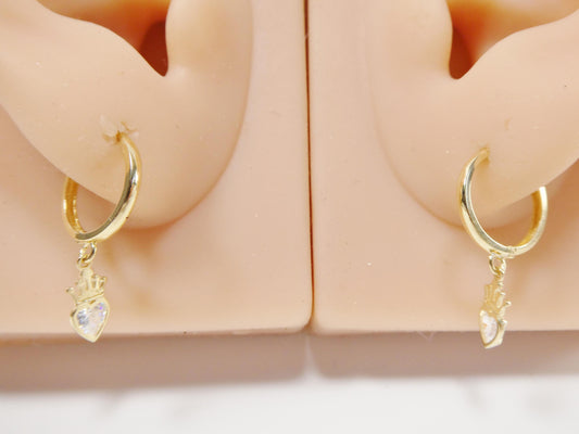 real 10k solid yellow gold crown hoop huggie earrings