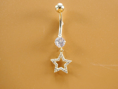 14k Real Solid Yellow Gold Dangling Star Belly Button Ring Piercing