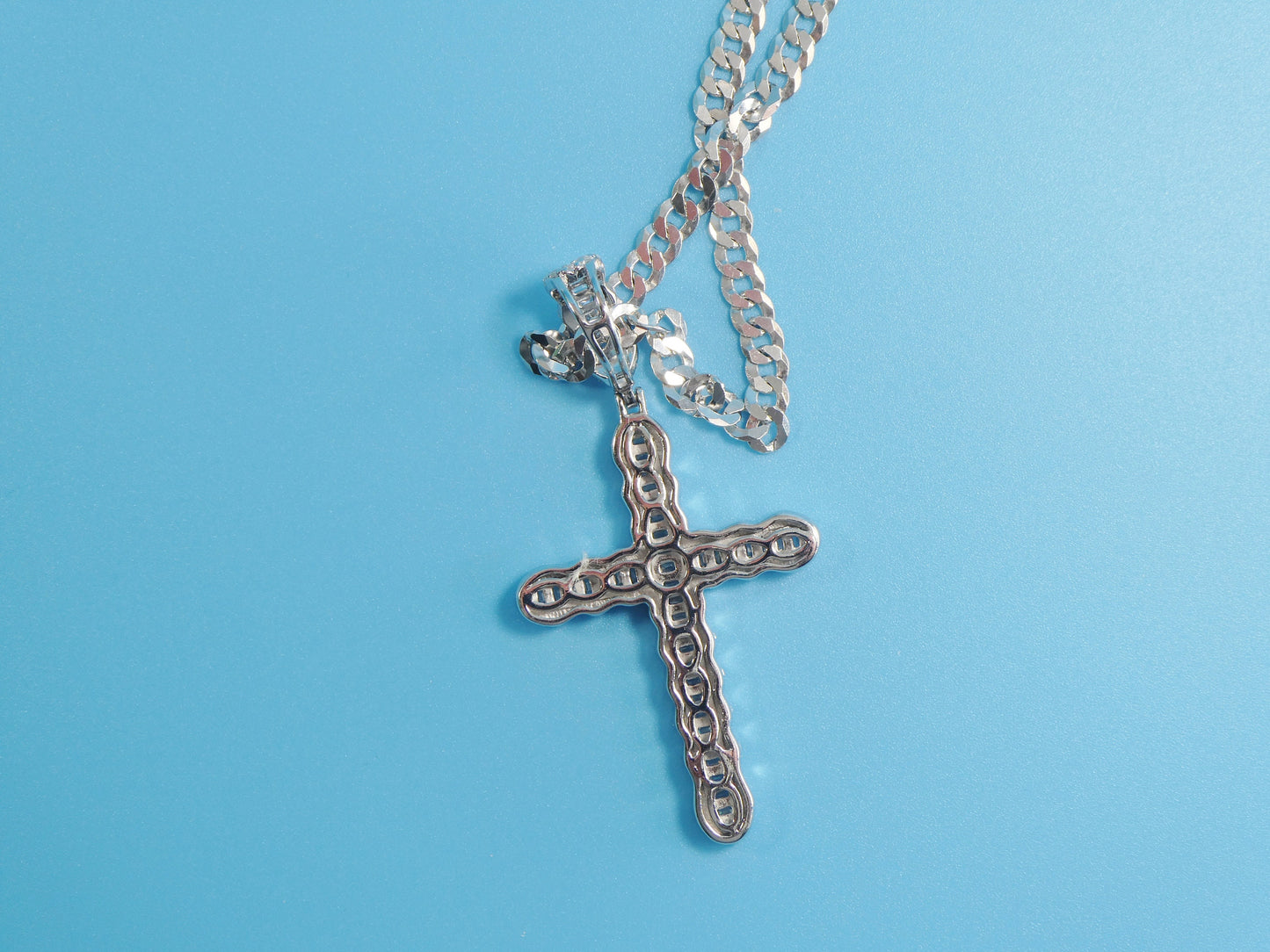 14k white gold color tone chain and large cross charm pendent over real 925 sterling silver