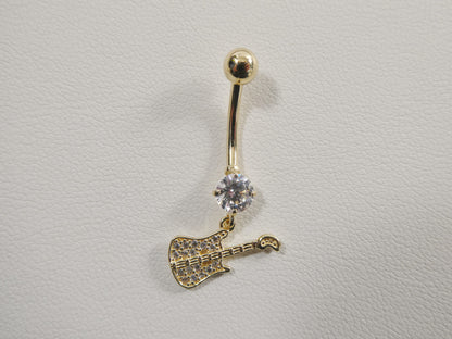 14k Real Solid Yellow Gold Guitar Dangling Belly Button Ring Piercing