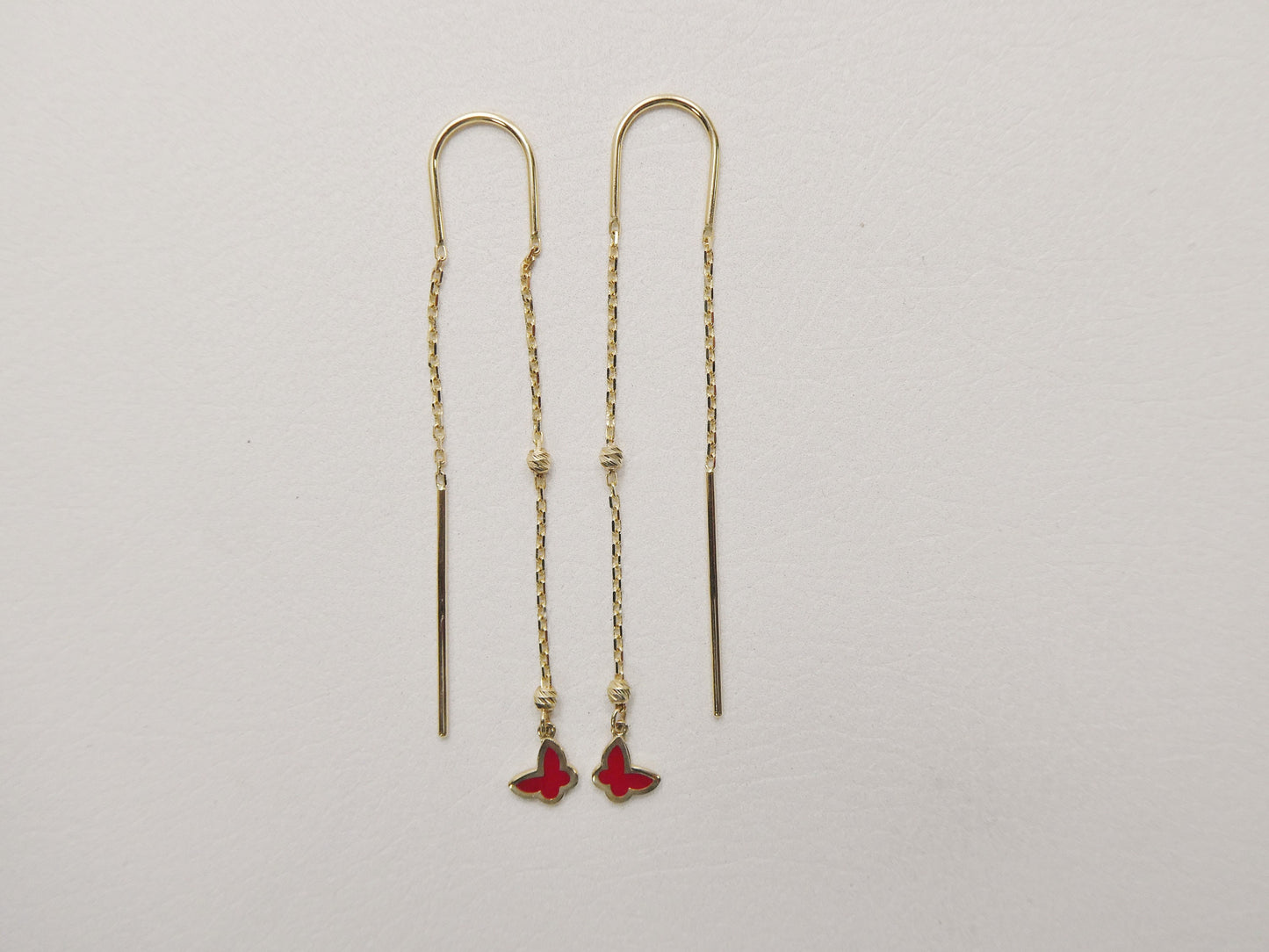 14k real solid yellow gold butterfly enamel long dangling earrings