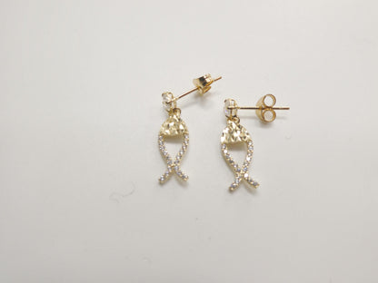 Real 10k Solid Yellow Gold Fish Dangling Push Post Earrings