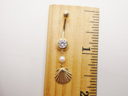 14k Real Solid Yellow Gold Mother of Pearl Turtle Belly Button Ring Piercing