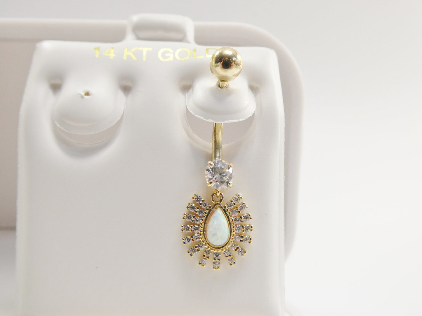 14k real solid yellow gold dangling barbell opal belly button ring piercing