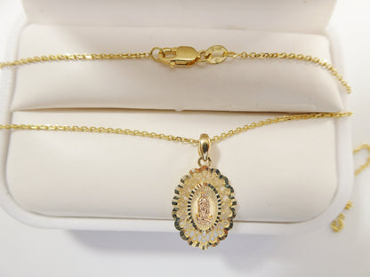 10k Real Solid Yellow Gold Guadalupe Pendent and 18 Inch Cable Necklace