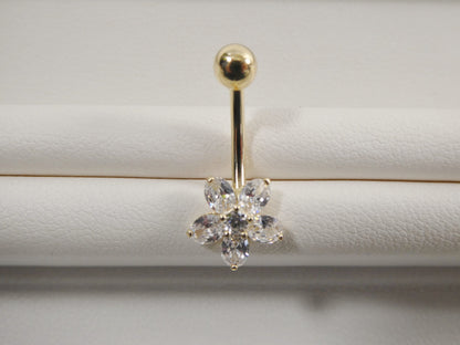 14k Real Solid Yellow Gold Flower Belly Button Ring Piercing