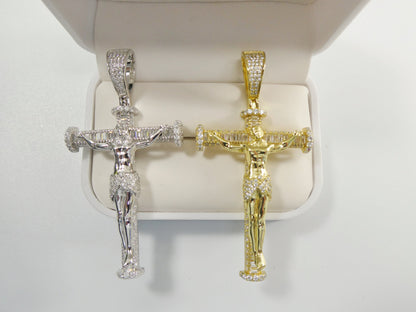 Real 925 Sterling Silver Large Cross Baguette Stone Setting Pendent