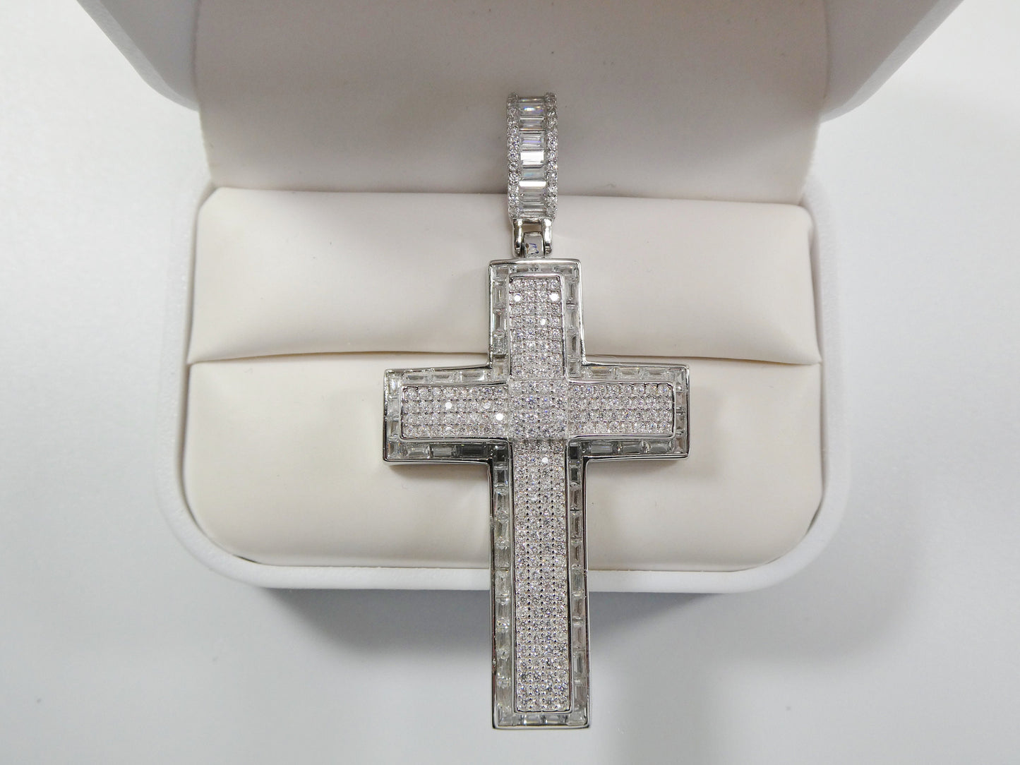 Sterling Silver Cross Charm Pendant: Iced Out, 14k White Gold Finish