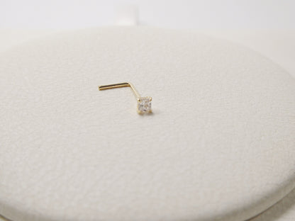 14k Real Solid Yellow Gold L-Shape 2mm Square Stone Stud Nose Ring