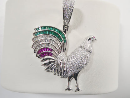Real 925 Sterling Silver Colorfully Large Rooster Pendent