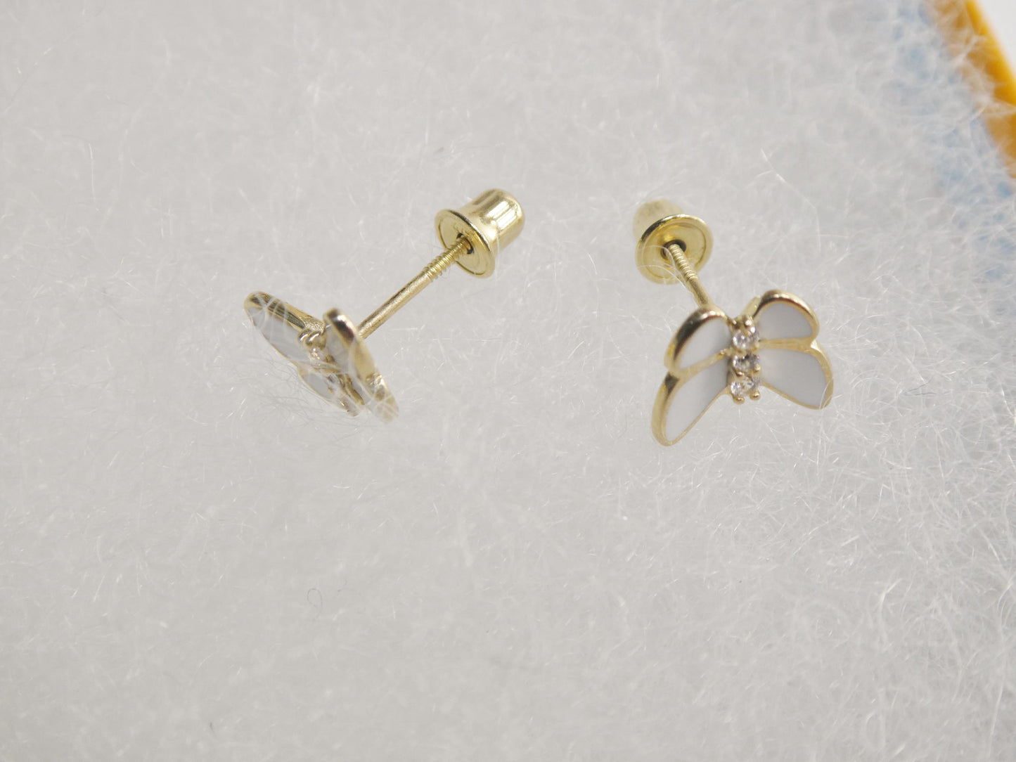 real 10k solid yellow gold white enamel butterfly screw back earrings