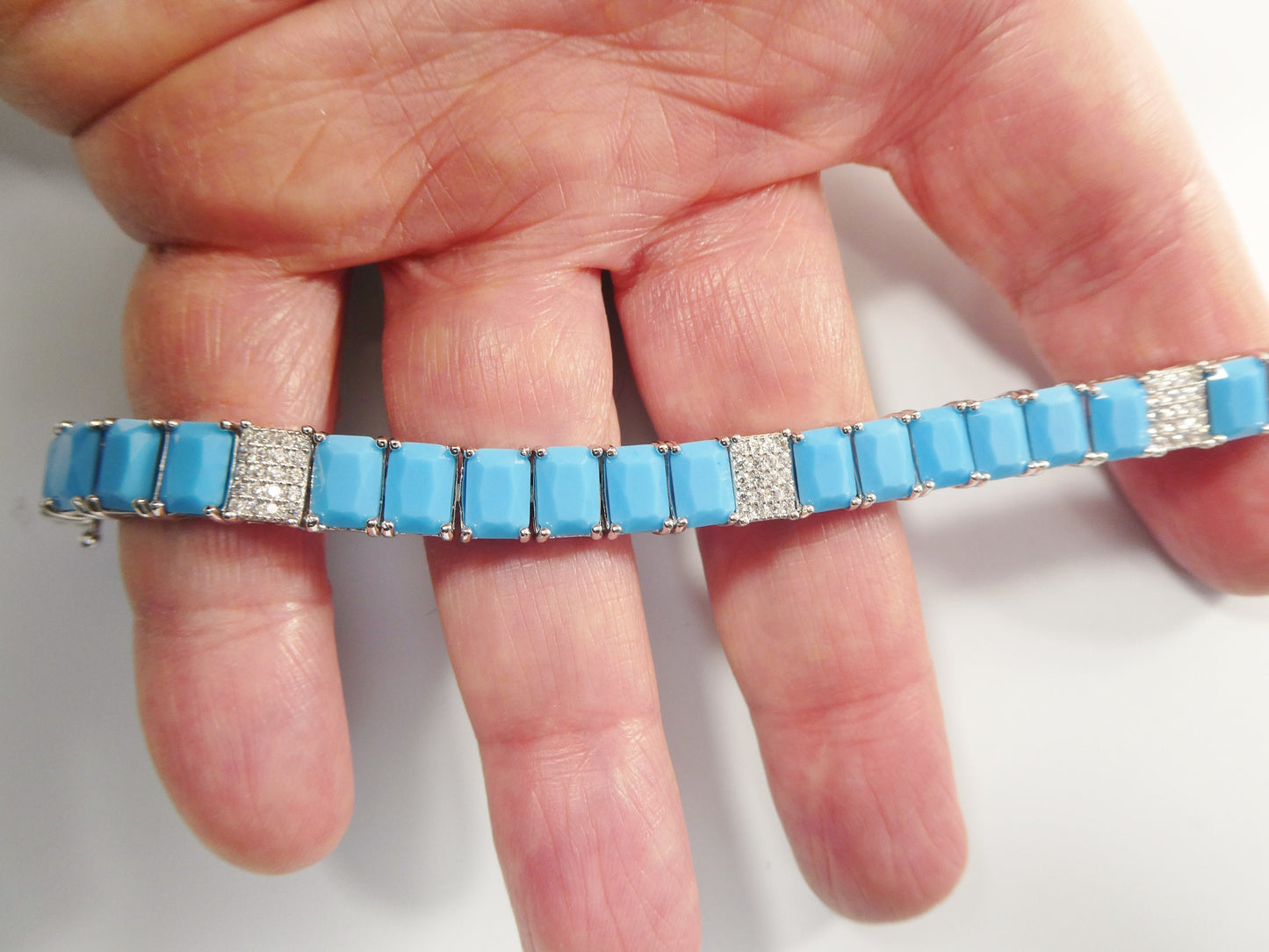 7 inch real 925 sterling silver rectangle turquoise tennis bracelet