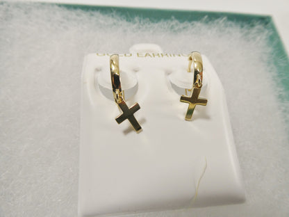 Real 10k Solid Yellow Gold Cross Dropping Hoop Huggie Earrings