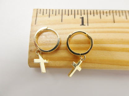 Real 10k Solid Yellow Gold Cross Dropping Hoop Huggie Earrings