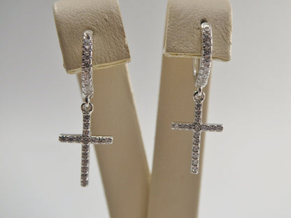 Sterling Silver Cross Drop Earrings: White Gold Finish, Cubic Zirconia