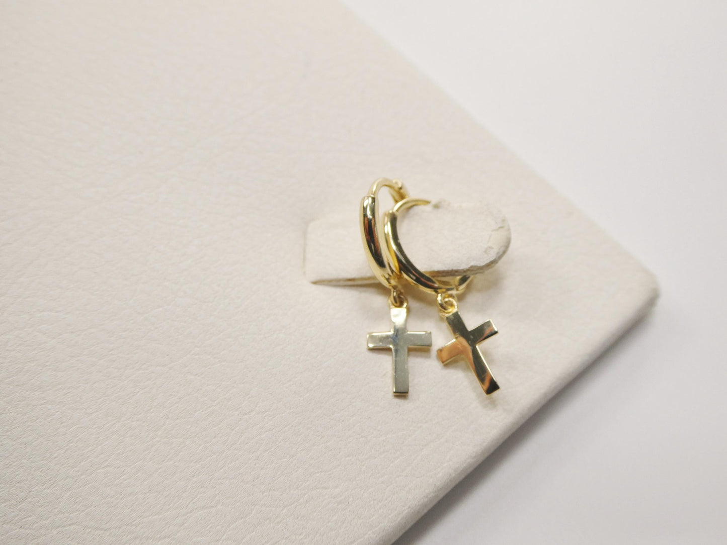 real 10k solid yellow gold cross dropping hoop huggie earring