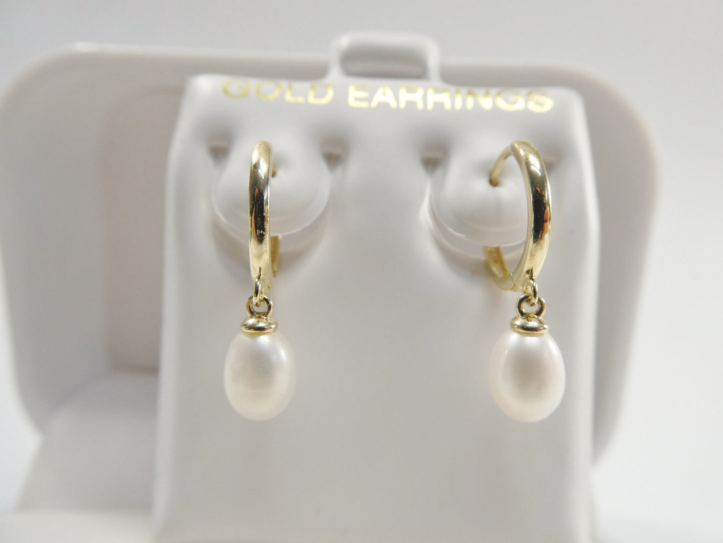 real 10k solid yellow gold dangling cultured freshwater pearl  plain hoop huggie earrings