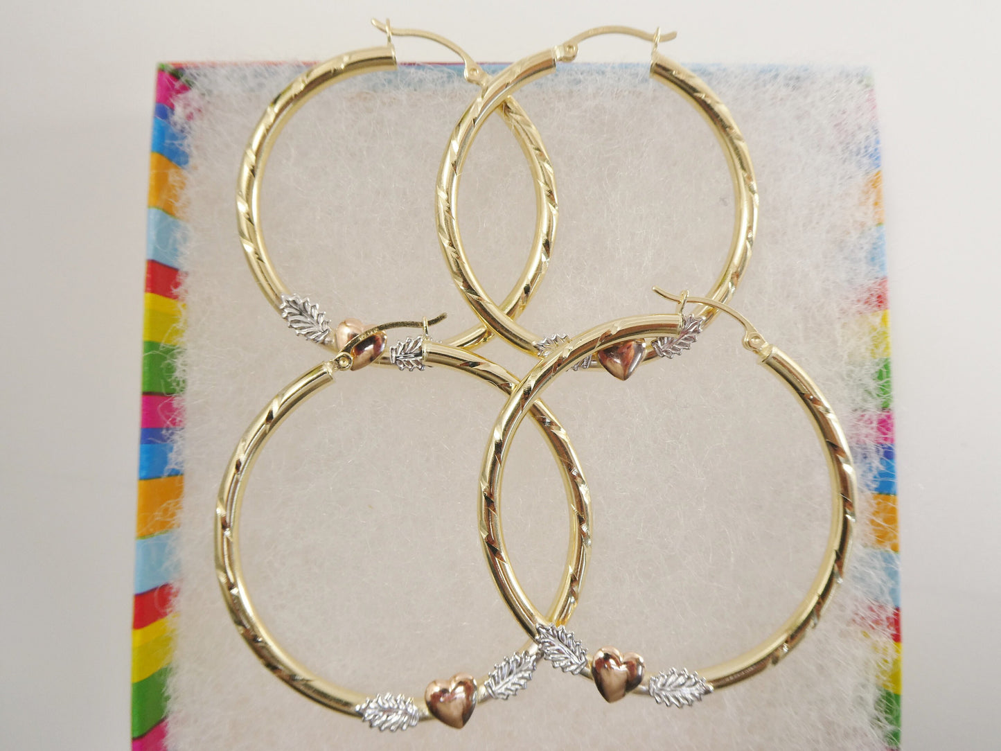 14K Solid Gold Hoop Earrings: Tri-Color Heart Center, 3mm
