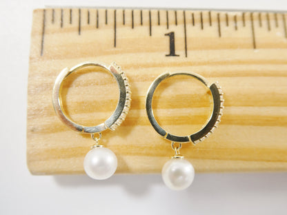 Real 10k Solid Yellow Gold Cultured Freshwater Pearl Dropping Hoop Huggie Earrings