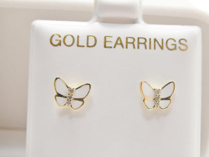 Real 10k Solid Yellow Gold White Enamel Butterfly Screw Back Earrings