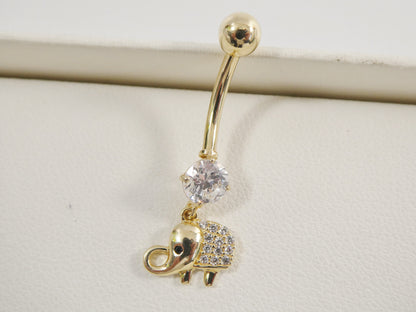 14k Real Solid Yellow Gold Elephant Dangling Belly Button Ring Piercing