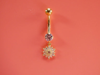 14k Real Solid Yellow Gold Dangling Flower Belly Button Ring piercing