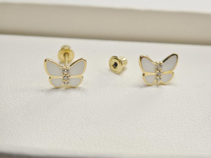 Real 10k Solid Yellow Gold White Enamel Butterfly Screw Back Earrings