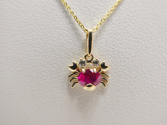 14k real solid yellow gold red stone crab pendent and cable necklace