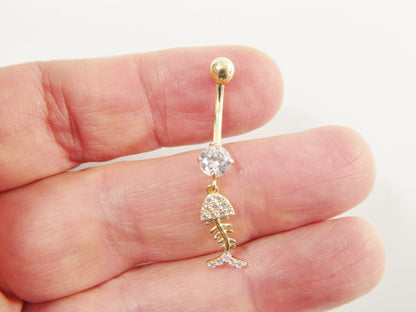 14k Real Solid Yellow Gold Fish Skeleton Dangling Belly Button Ring Piercing