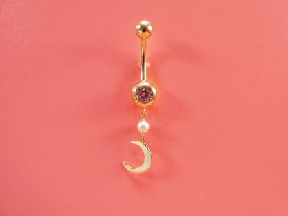 14k Real Solid Yellow Gold Dangling Moon Belly Button Ring Piercing