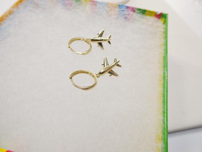 Real 10k Solid Yellow Gold Airplane Hoop Huggies Earrings