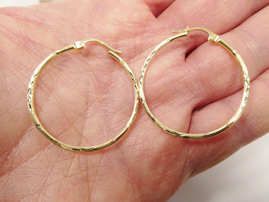 10k real solid yellow gold diamond cut hoop earrings
